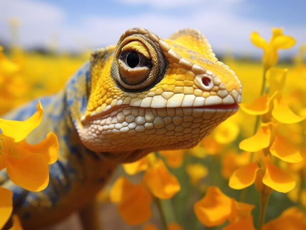 Een hagedis in een veld van bloemen