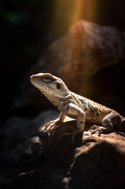 Een hagedis met een zwarte achtergrond en de zon schijnt op zijn gezicht