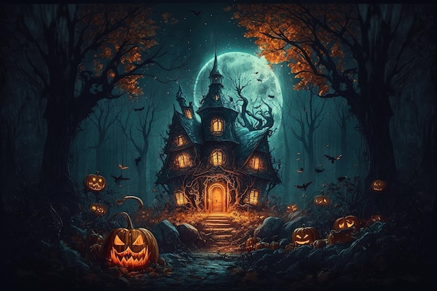Een Halloween-achtergrond met een donker boshuis en pompoen gegenereerd door AI