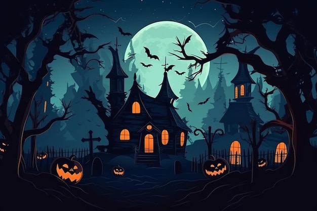 Een halloween-achtergrond met een griezelig huis en vleermuizen.