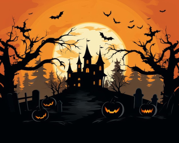 een halloween-achtergrond met een kasteel en pompoenen