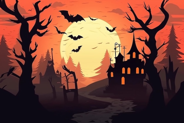 Een halloween-achtergrond met een spookhuis en vleermuizen.
