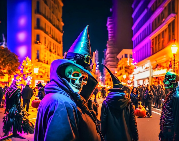 Foto een halloween feestje met een schedel en een hoed erop