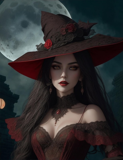 Een halloween heks op een heldere reusachtige maan achtergrond aantrekkelijk halloween hexen portret generatieve ai