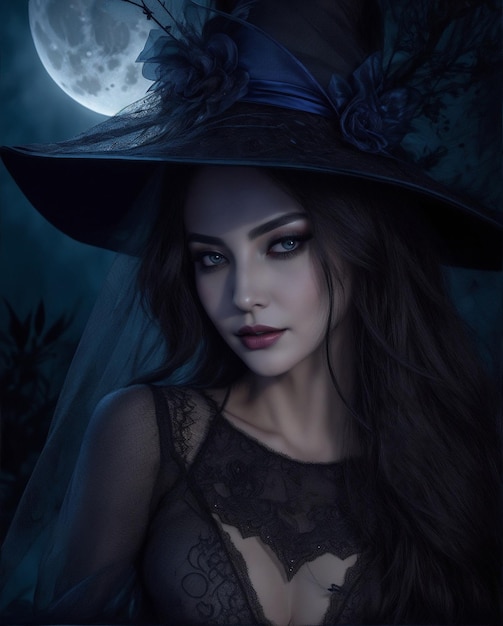 Een halloween heks op een heldere reusachtige maan achtergrond aantrekkelijk halloween hexen portret generatieve ai