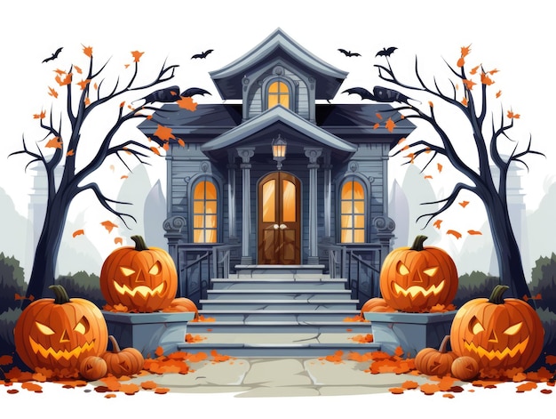 Een Halloween-huis met pompoenen ervoor Digitaal beeld Halloween-decor