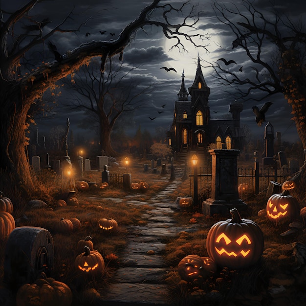 Een Halloween-nachtscène met pompoenen en een begraafplaats