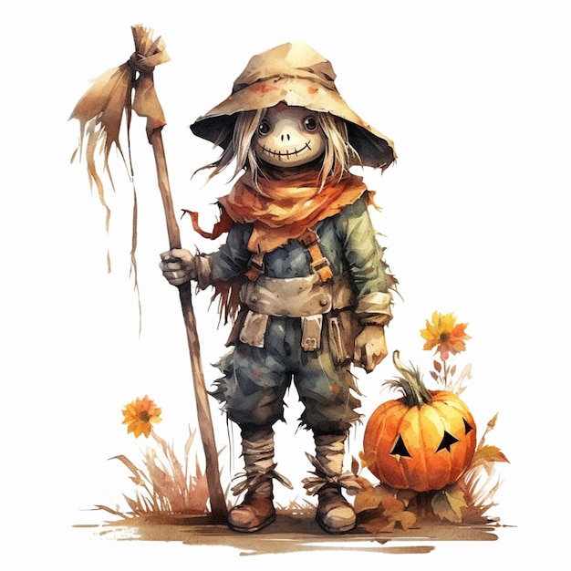 Een halloween-personage met een pompoen en een hoed