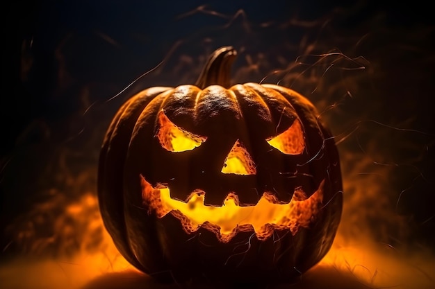 Een halloween-pompoen met een gloeiend gezicht zit op een donkere achtergrond.