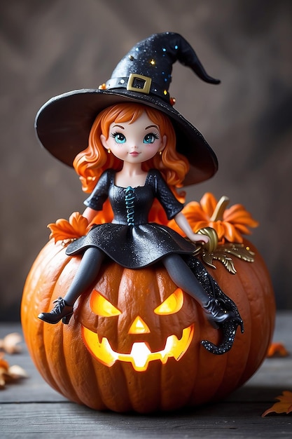 Een halloween pompoen met een heks erop.