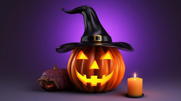 Een Halloween-pompoen met een heksenhoed en een aangestoken kaars