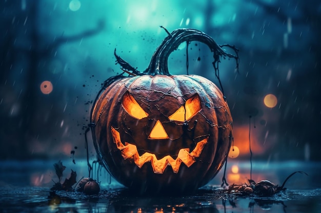 Een halloween-pompoen met het woord halloween erop