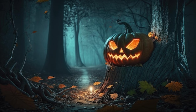 Een halloween-pompoen zit op een boomstronk in een donker bos.