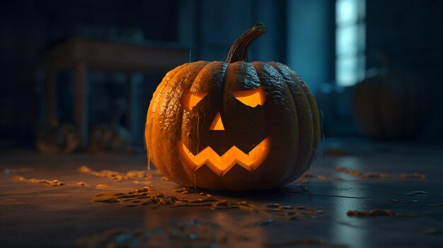 Een halloween-pompoen zit op een donkere vloer in een donkere kamer.