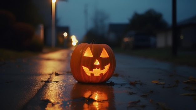 Een halloween-pompoen zit op een natte weg in de regen.