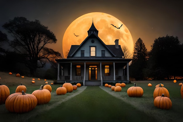 Een halloween-pompoen zit voor een huis met de maan op de achtergrond