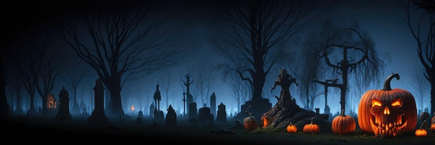 Een halloween-scène met een kerkhof en pompoenen