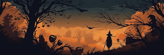 Een halloween-scène met een silhouet van een man en een boom met vleermuizen erop.