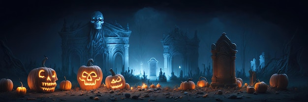 Een halloween-scène met pompoenen en een kerkhof op de achtergrond.