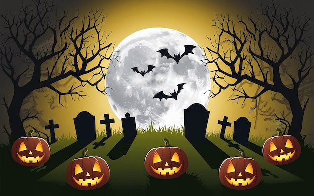 een halloween scène met pompoenen en een volle maan op de achtergrond