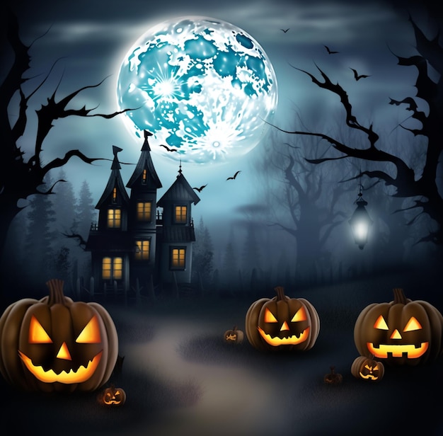 Een halloween-scène met pompoenen en een volle maan op de achtergrond.
