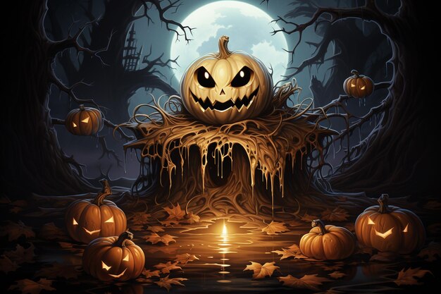 Een halloween-spook zit midden in pompoenen