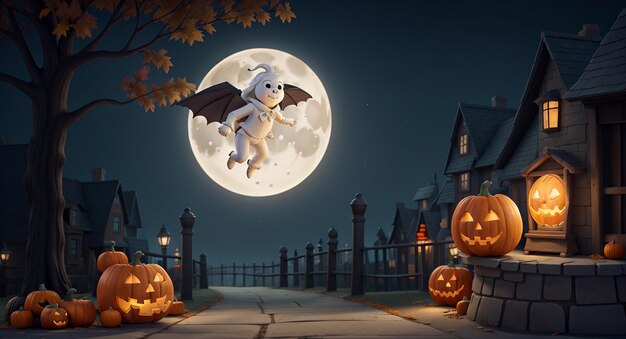 Een Halloween Street Moon Night Pumpkin Een Ghost Flying