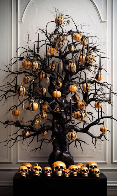 Foto een halloweenboom met schedels en pompoenen die aan de takken hangen in de vorm van een menselijke schedel