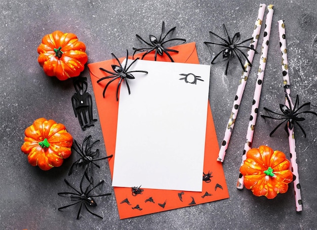 Een halloweenfeest met pompoenen en spinnen op tafel