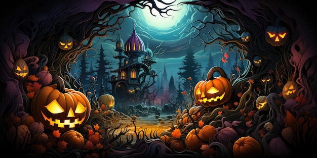 Een Halloweenscène Met Pompoenen En Een Kasteel Pompoenen Voor Halloween Spookkasteel Spookachtige Decoraties Kostuumideeën Trucbehandeling Klassieke Halloweenfilms