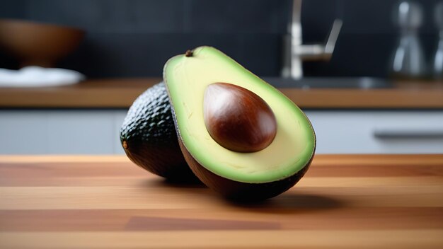 Een halve avocado met een put ligt in de keuken gezonde voedingsmiddelen met micro-elementen vitaminen mineralen