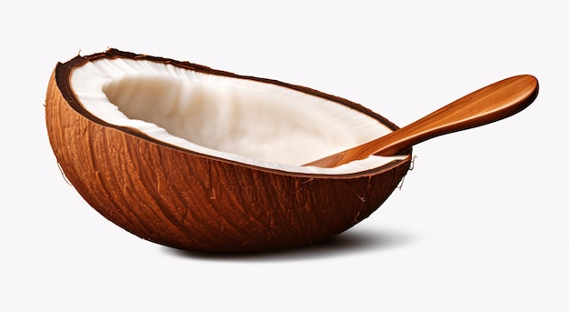 een halve kokosnoot met een houten lepel