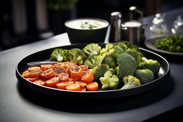 Foto een halve shot gezonde maaltijd met broccoli en wortels op een zwart bord en specerijen op een grijze tafel.