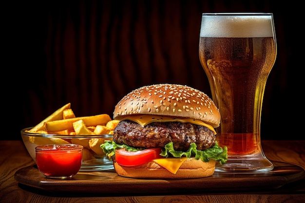 Een hamburger en een glas bier met ketchup en ketchup