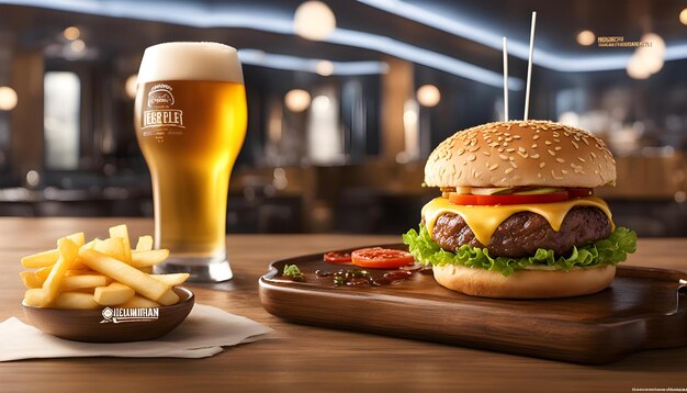 een hamburger en een glas bier staan op een tafel