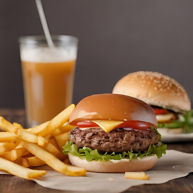 een hamburger en een hamburger op een servet met een drankje op de achtergrond