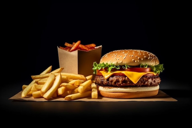 een hamburger en friet op een tafel met een doos friet.