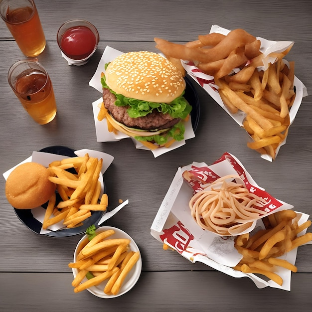 Foto een hamburger en friet staan op een tafel met ander eten.