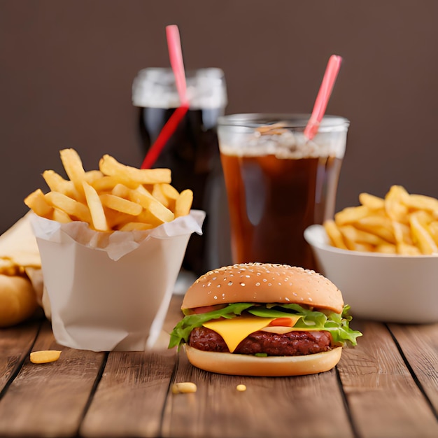 een hamburger en friet staan op een tafel met een drankje en een frisdrank