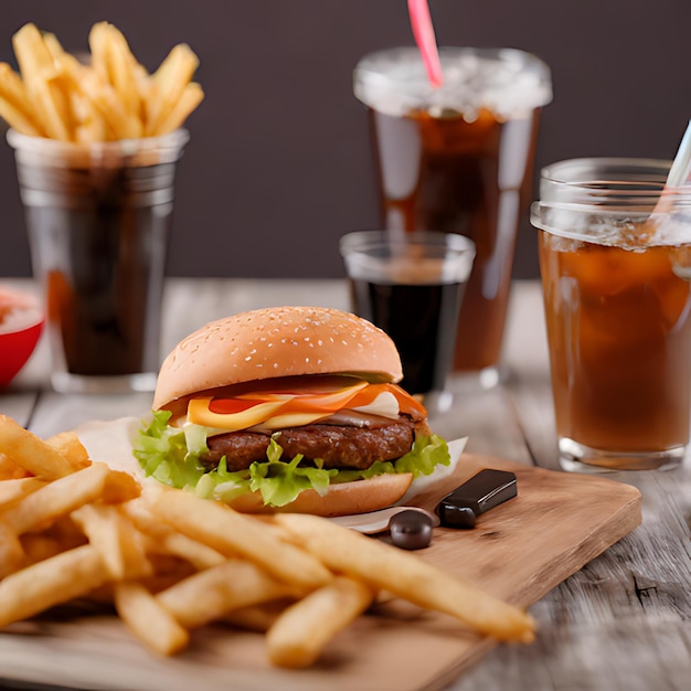 een hamburger en friet zijn op een tafel met een drankje en een drank