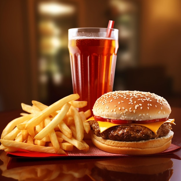 een hamburger en frietjes liggen op een dienblad met een drankje.
