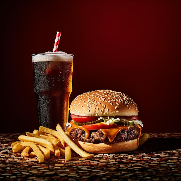 Een hamburger en patat staan op een tafel met op de achtergrond een drankje.