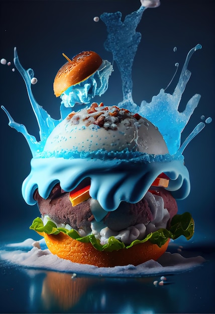 Een hamburger met blauw glazuur en een broodje met een burger erop