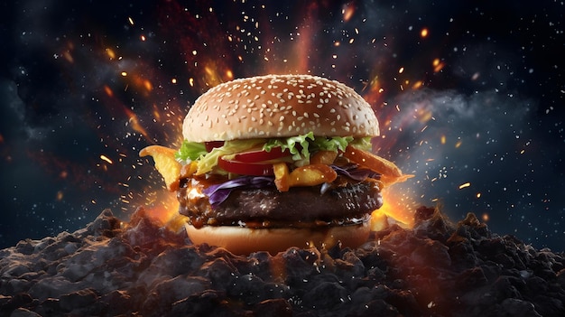 Een hamburger met een brandende achtergrond