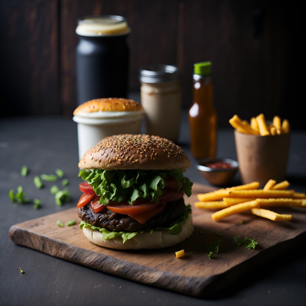 Een hamburger met een broodje en een fles ketchup erbij.