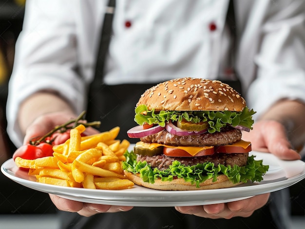 een hamburger met een broodje en friet op een bord