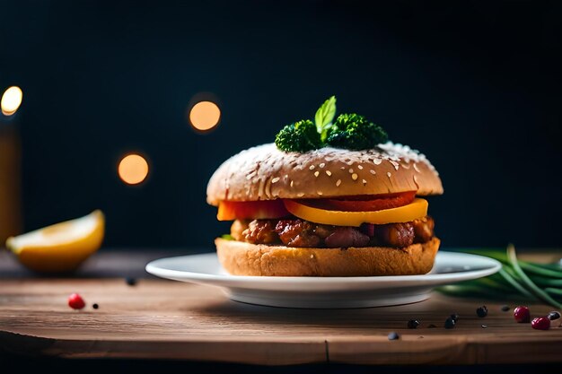 Een hamburger met een broodje waarop burger staat.