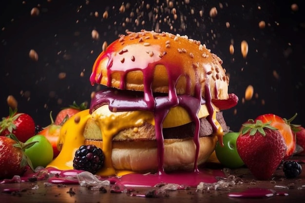 Een hamburger met een druipende aardbeiensaus