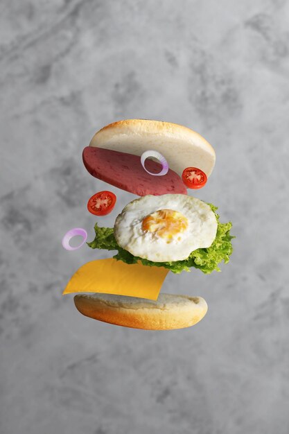 Een hamburger met een ei en kaas in de lucht