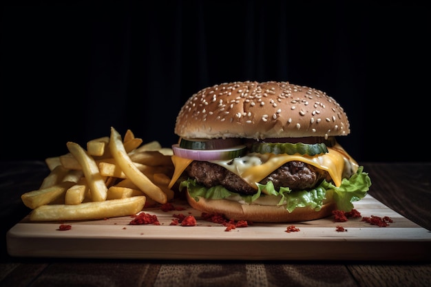 Een hamburger met een frietje op een houten plankje